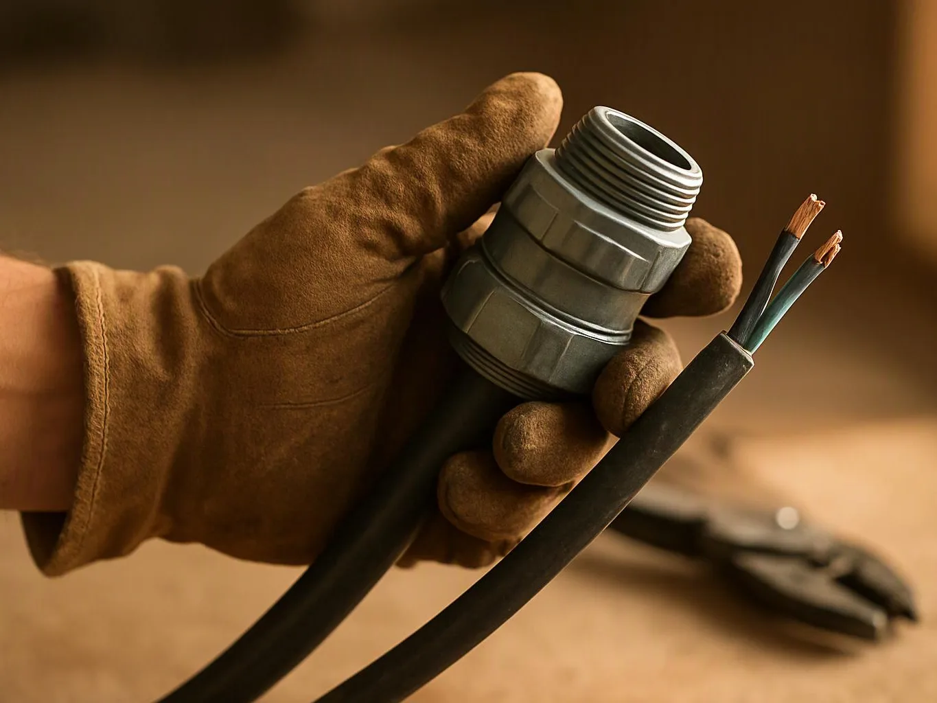 A gloved hand holds a cable connector beside two exposed electrical wires on a workbench