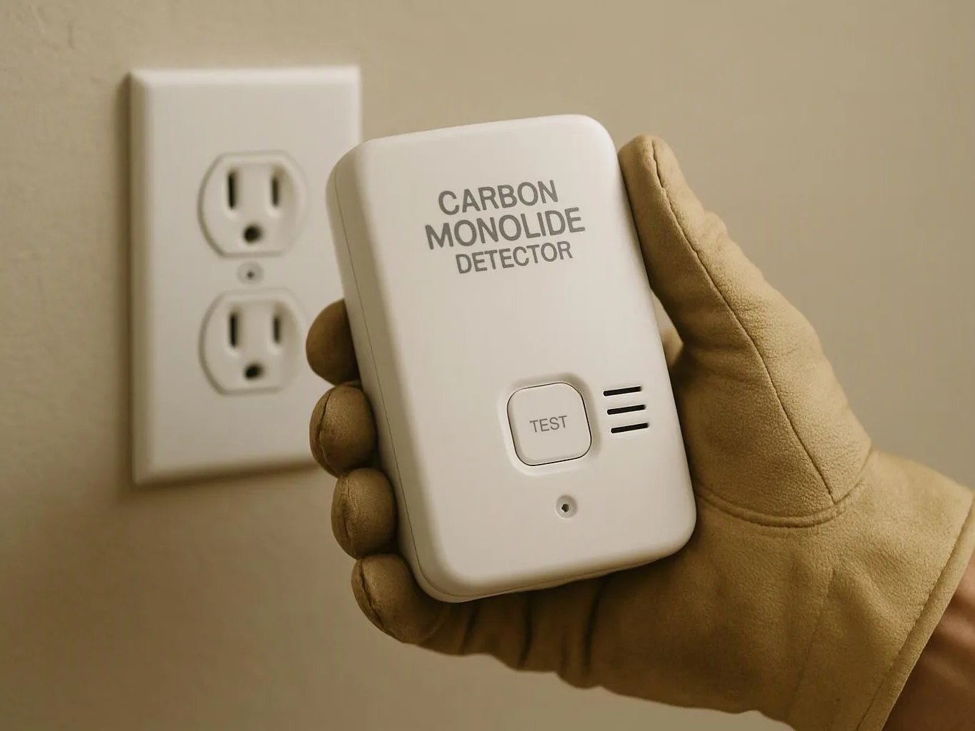 A gloved hand holds a carbon monoxide detector near a wall outlet indoors