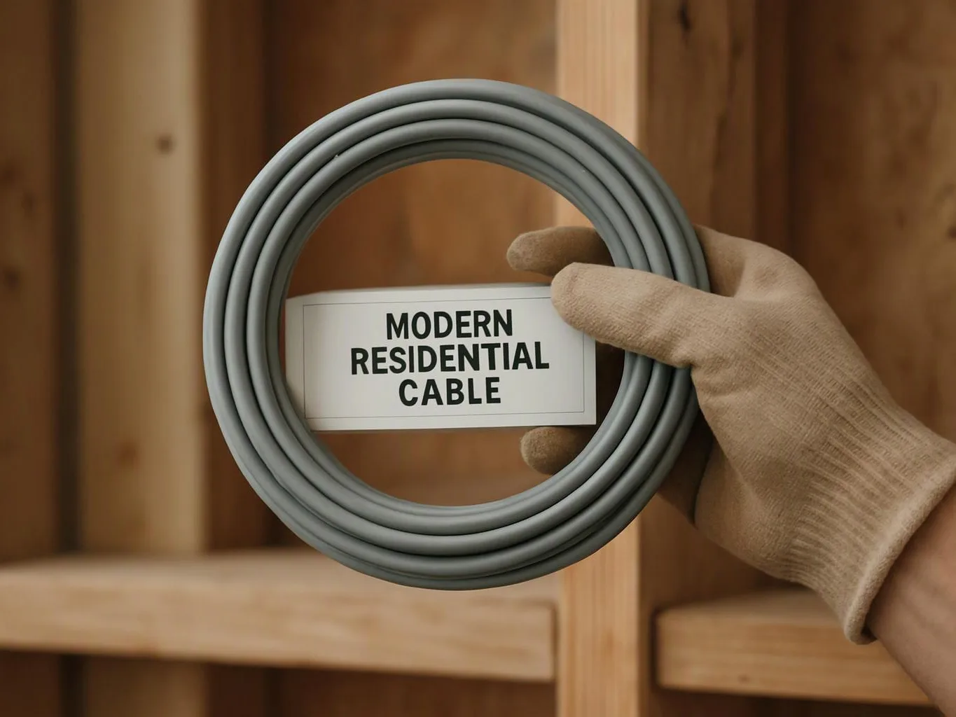 A gloved hand holds a coiled gray cable labeled "MODERN RESIDENTIAL CABLE" against wooden framing