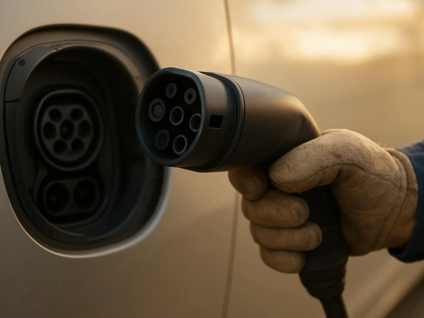 A gloved hand holds an electric car charging plug near the vehicle’s charging port