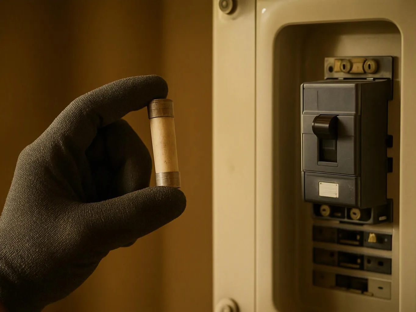 A gloved hand holds a small cylindrical cartridge beside an open electrical panel on a beige wall