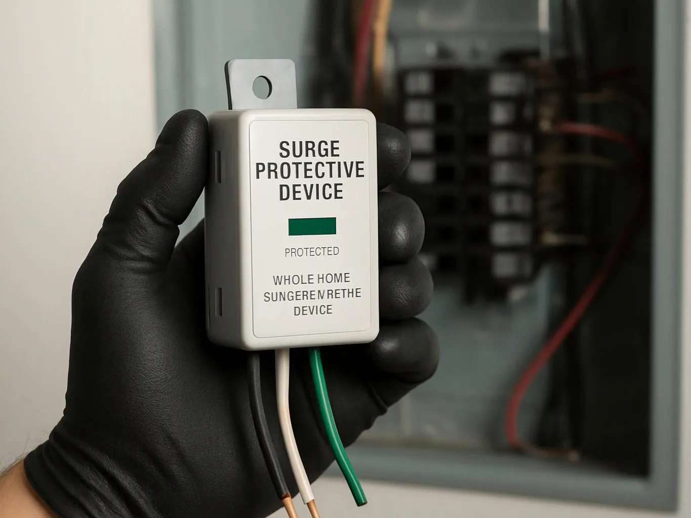 A gloved hand holds a small surge protective device with wires in front of an open electrical panel