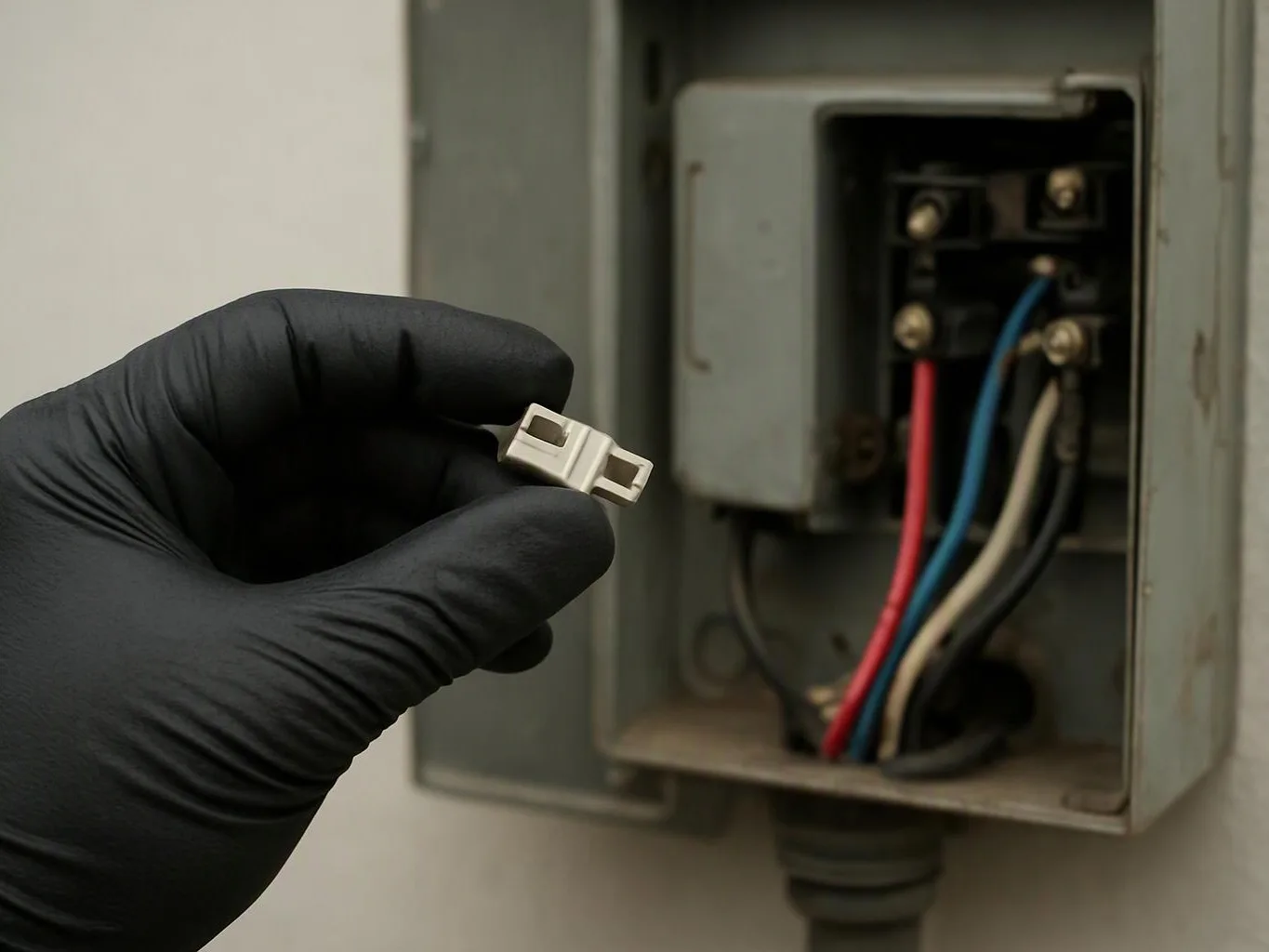 A gloved hand holds a small white connector near an open electrical box with colored wires