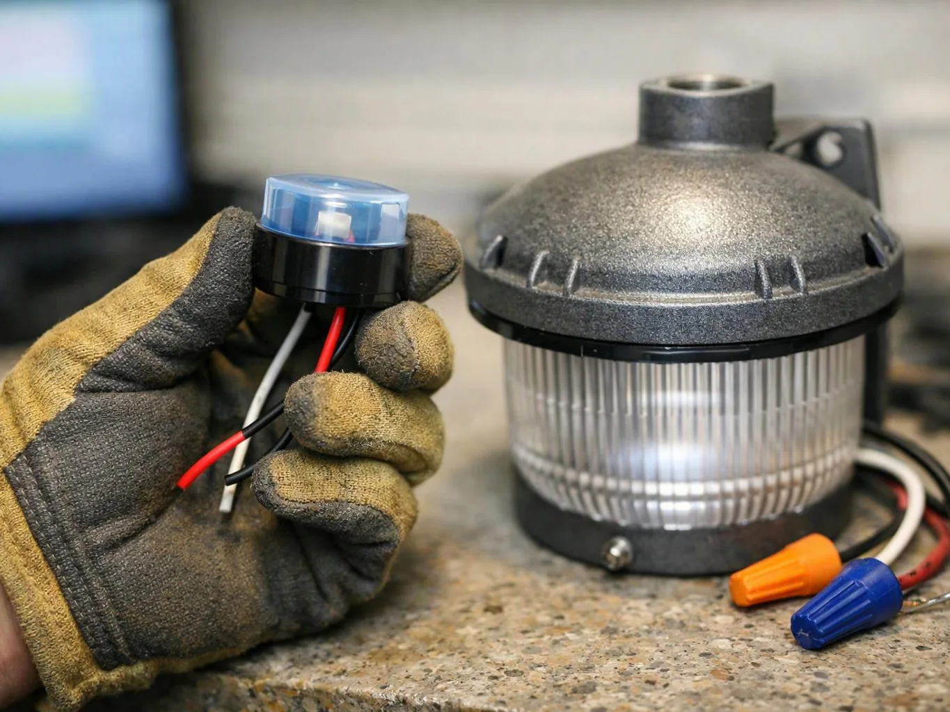 A gloved hand holds a small wired light sensor beside a metal outdoor lamp on a workbench