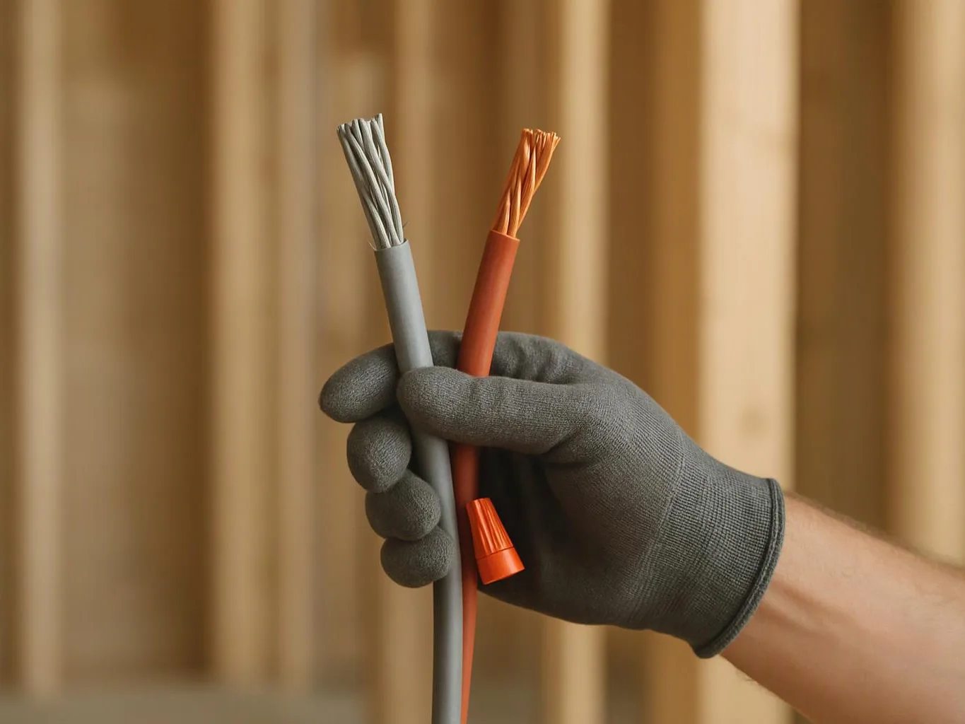 A gloved hand holds two stripped electrical wires against a wooden wall background