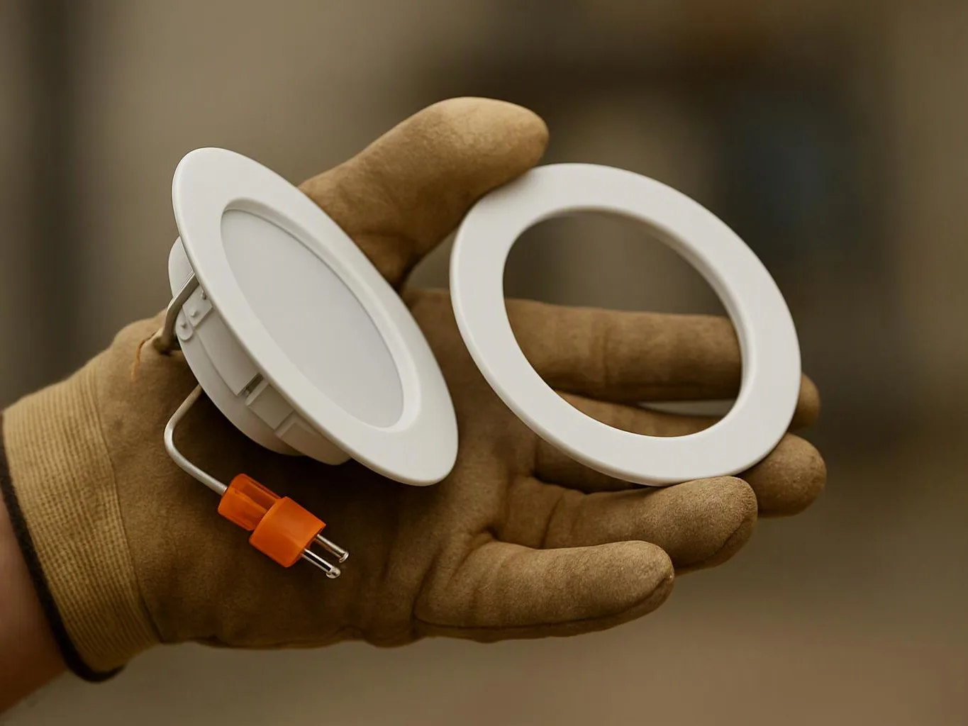 A gloved hand holds two white round light fixture parts with a short orange-tipped wire against a blurred background