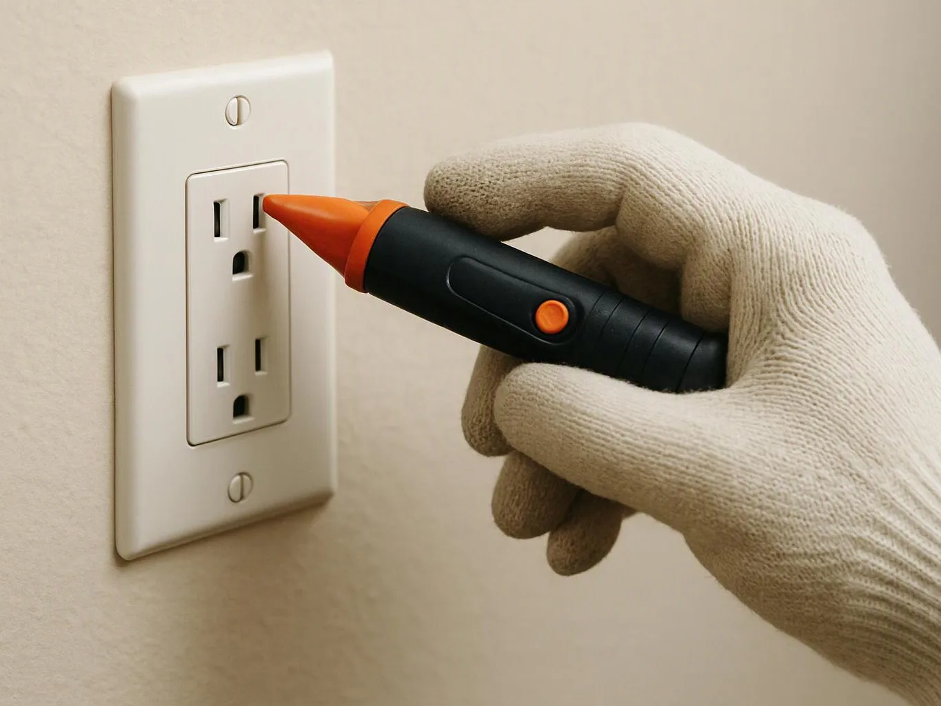 A gloved hand holds a voltage tester near a wall outlet on a beige wall