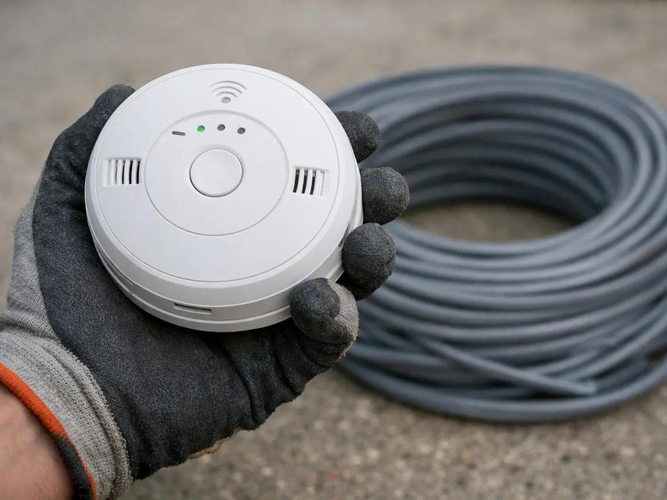 A gloved hand holds a white round smoke alarm beside a coiled gray cable on concrete