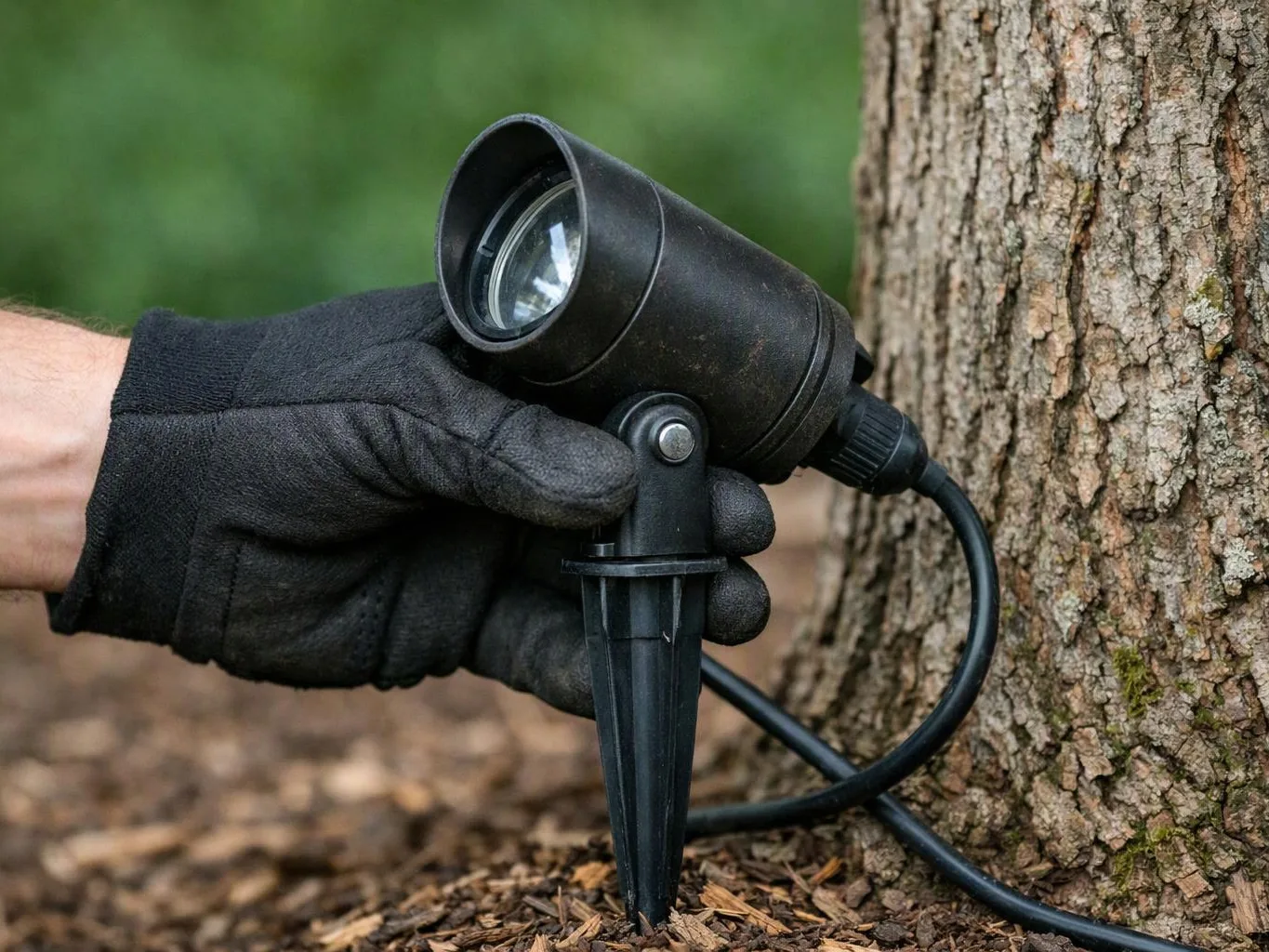 A gloved hand positions a black outdoor spotlight on a tree trunk near the ground