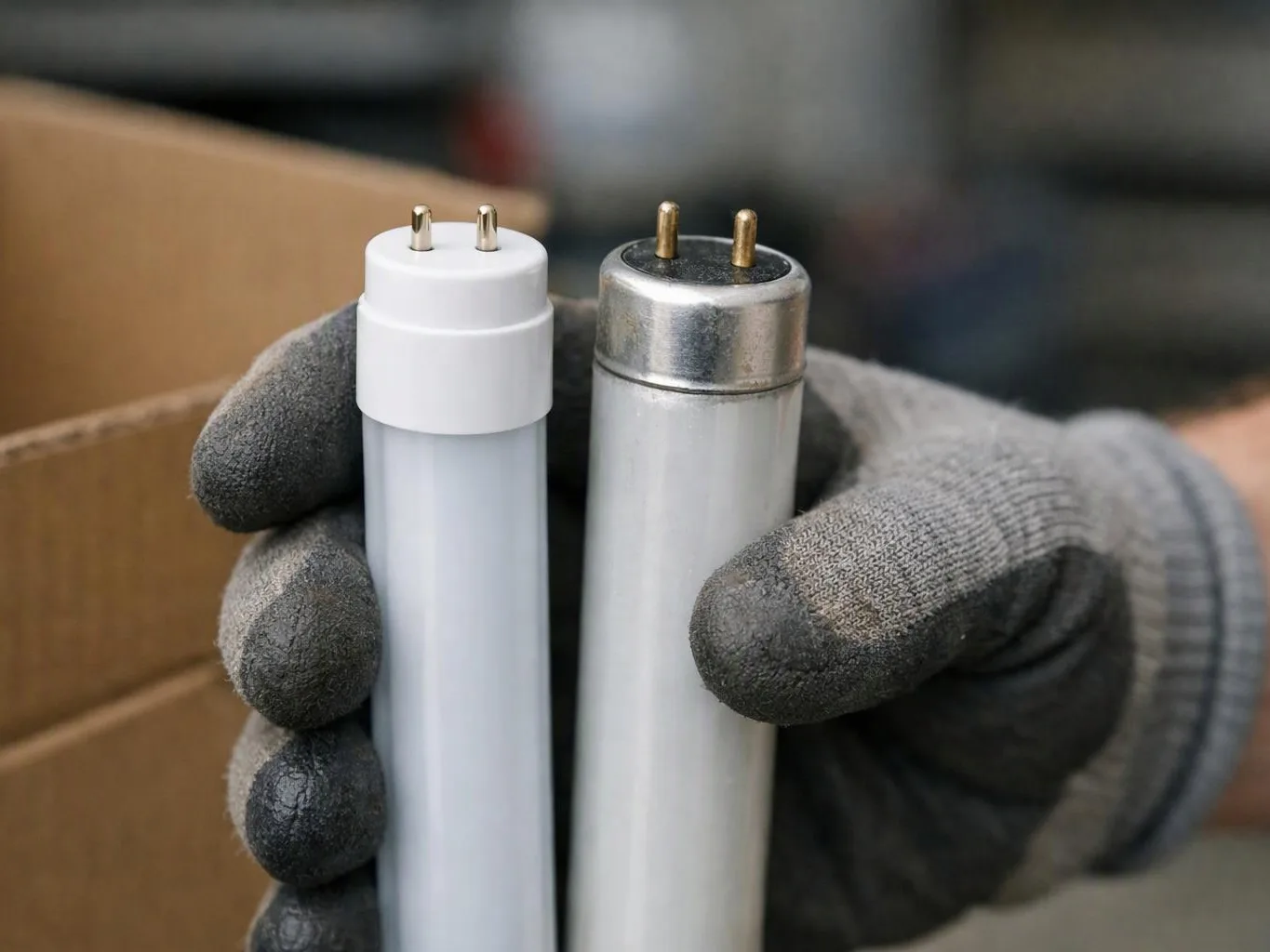 Gloved hands hold two fluorescent light tubes, one white and one silver, in front of a cardboard box