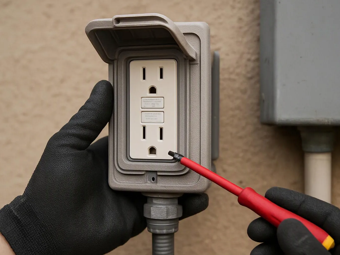 Gloved hands inspect an outdoor electrical outlet box with a red screwdriver pointed at the lower socket