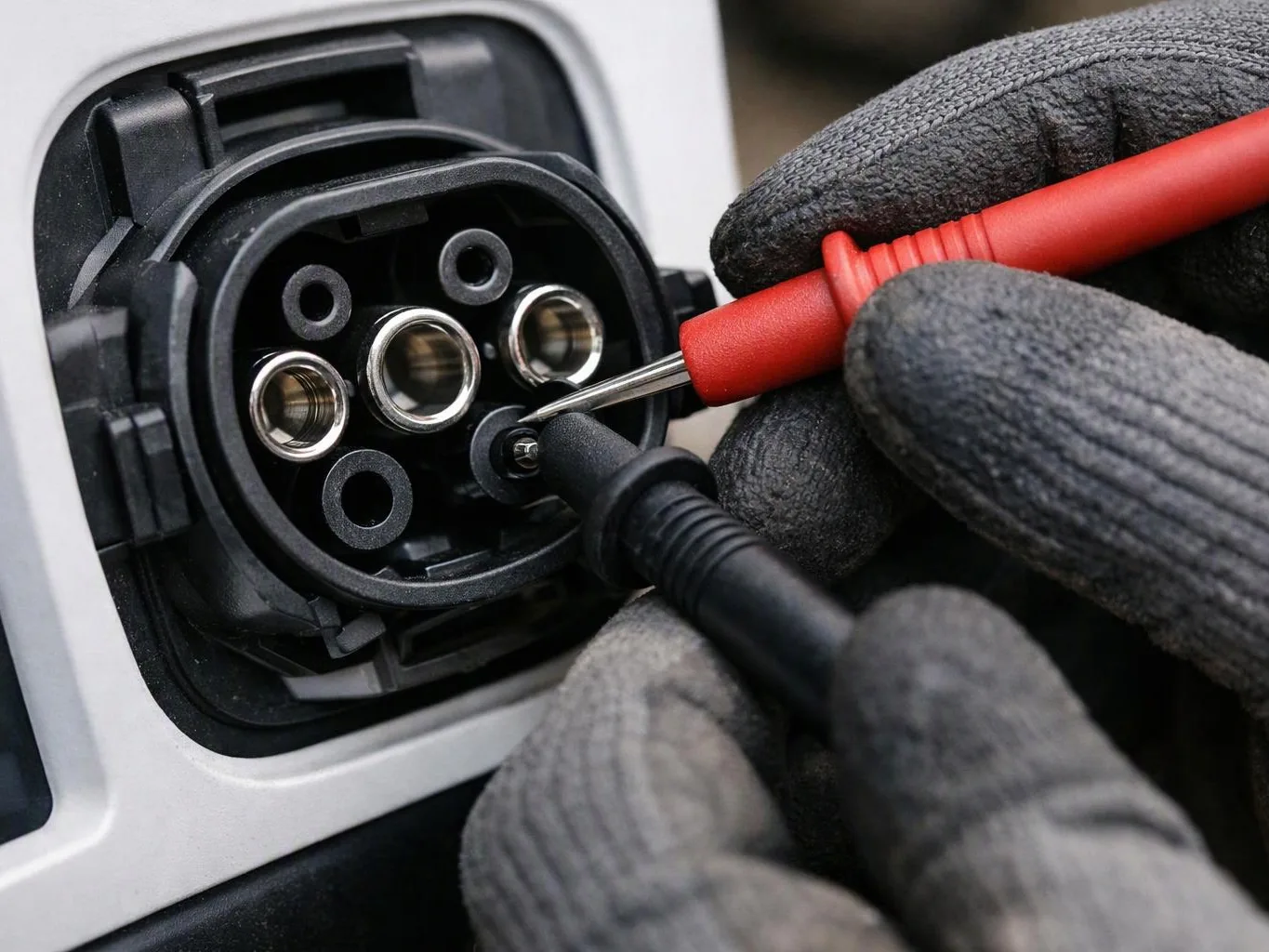 Gloved hands test an electric vehicle charging port with two probe tips up close