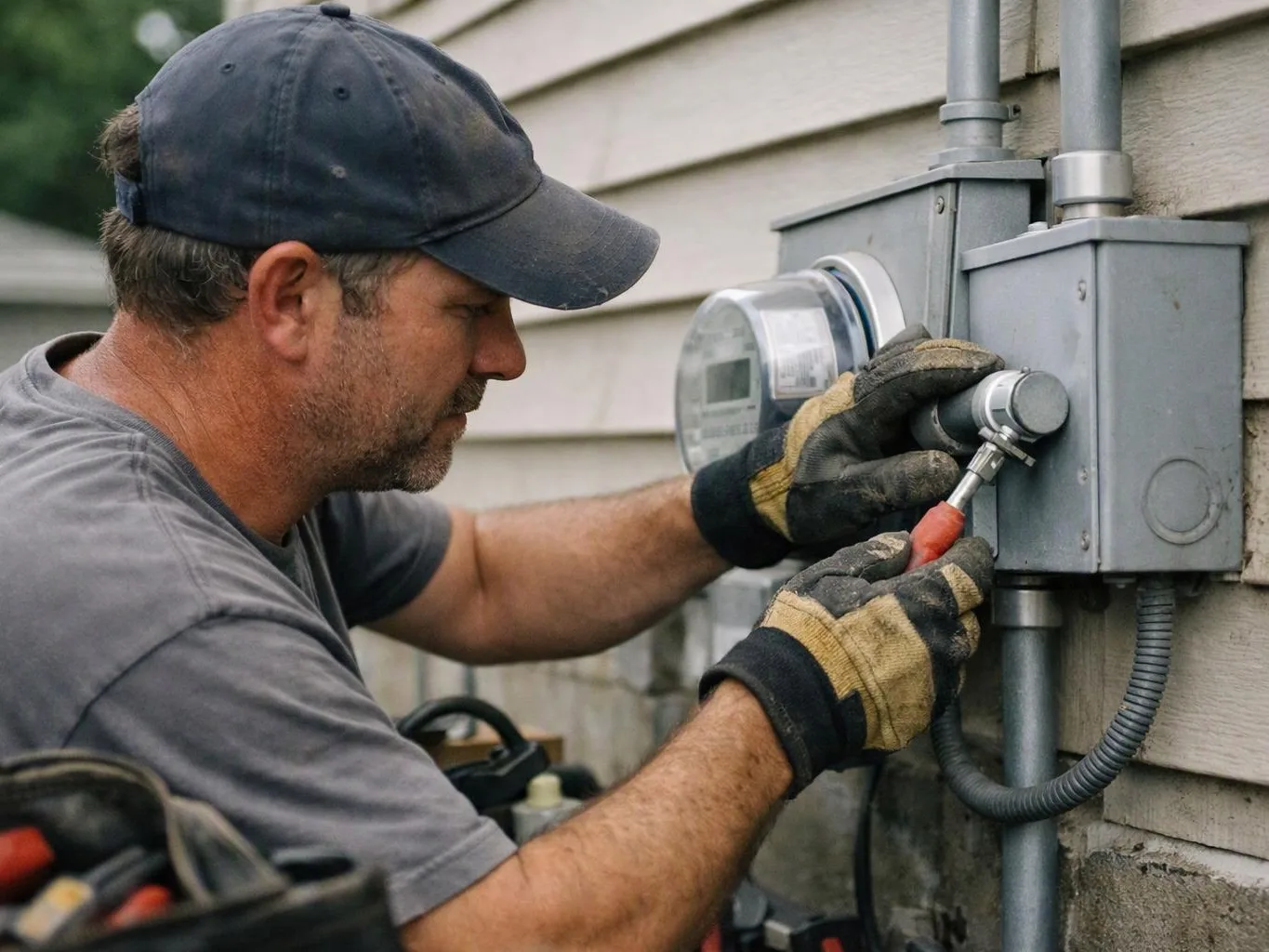 A gloved man tightens an outdoor electrical meter box beside a house wall