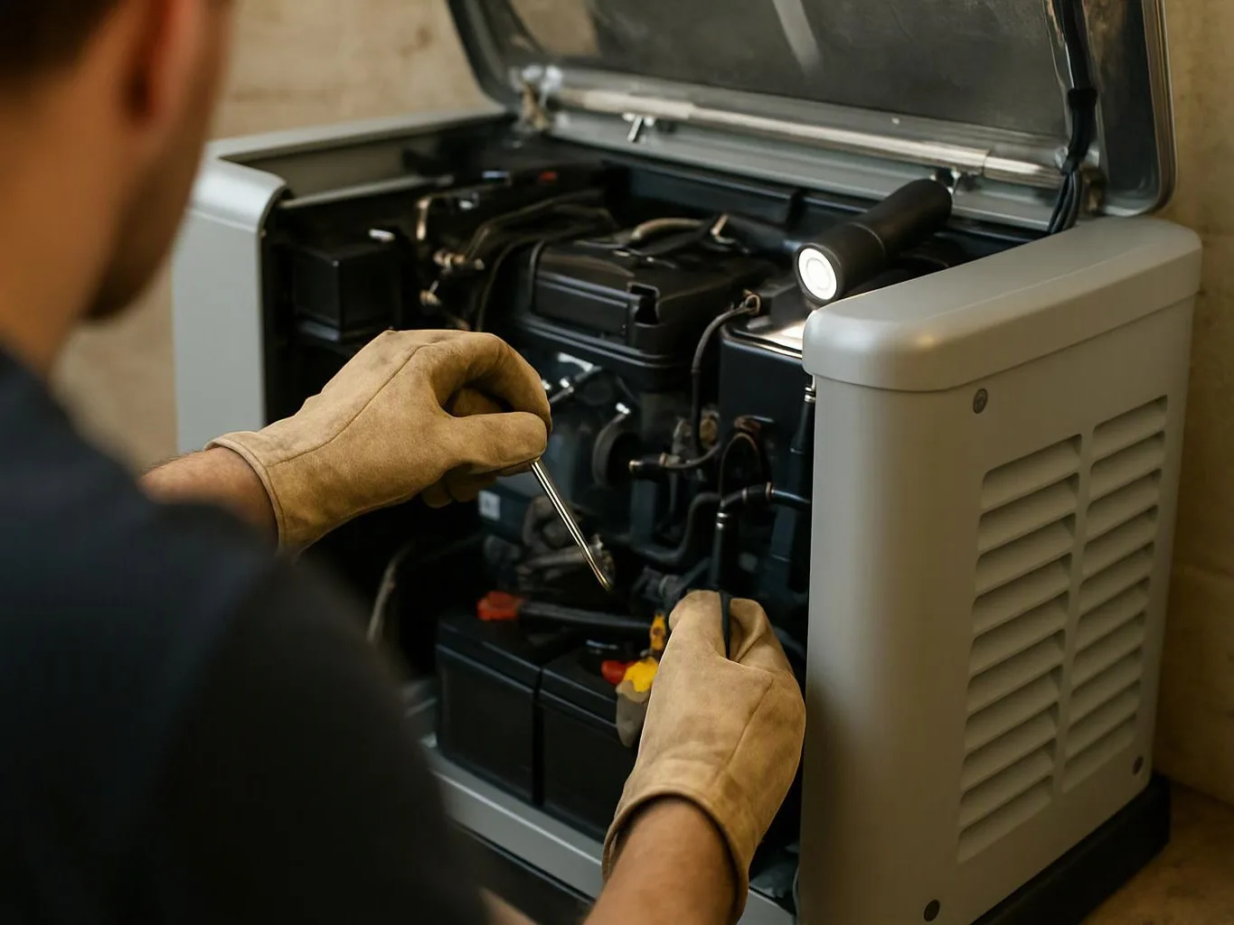 A gloved technician adjusts wiring inside an open gray machine under a raised lid