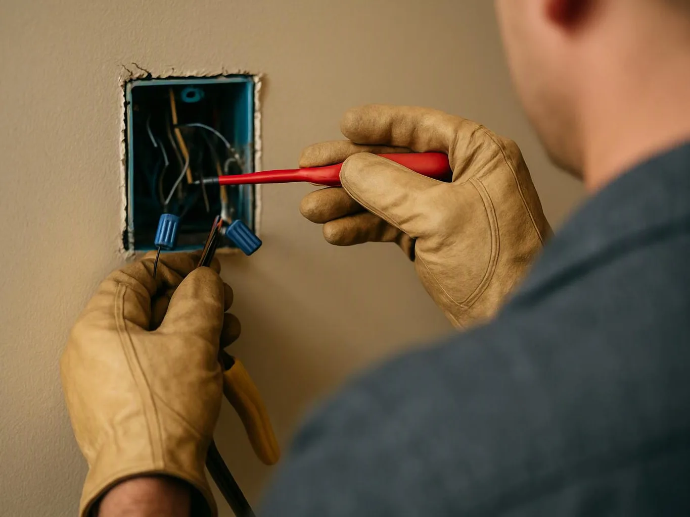 A gloved worker uses a red screwdriver to connect wires inside a wall electrical box
