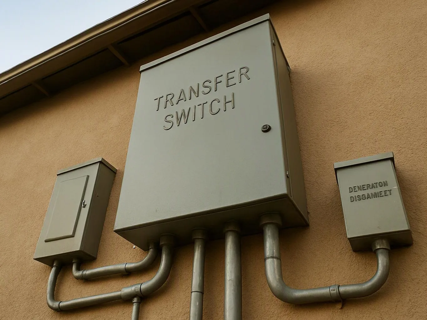 Gray electrical boxes and metal conduit mounted on a tan stucco wall, with one large box labeled transfer switch