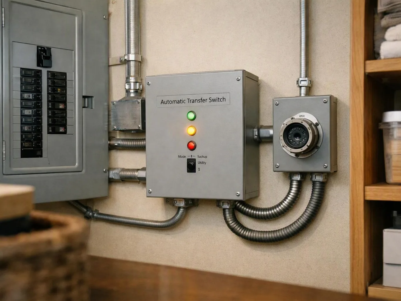 A gray electrical panel with lit indicator buttons is mounted beside conduits on a beige wall
