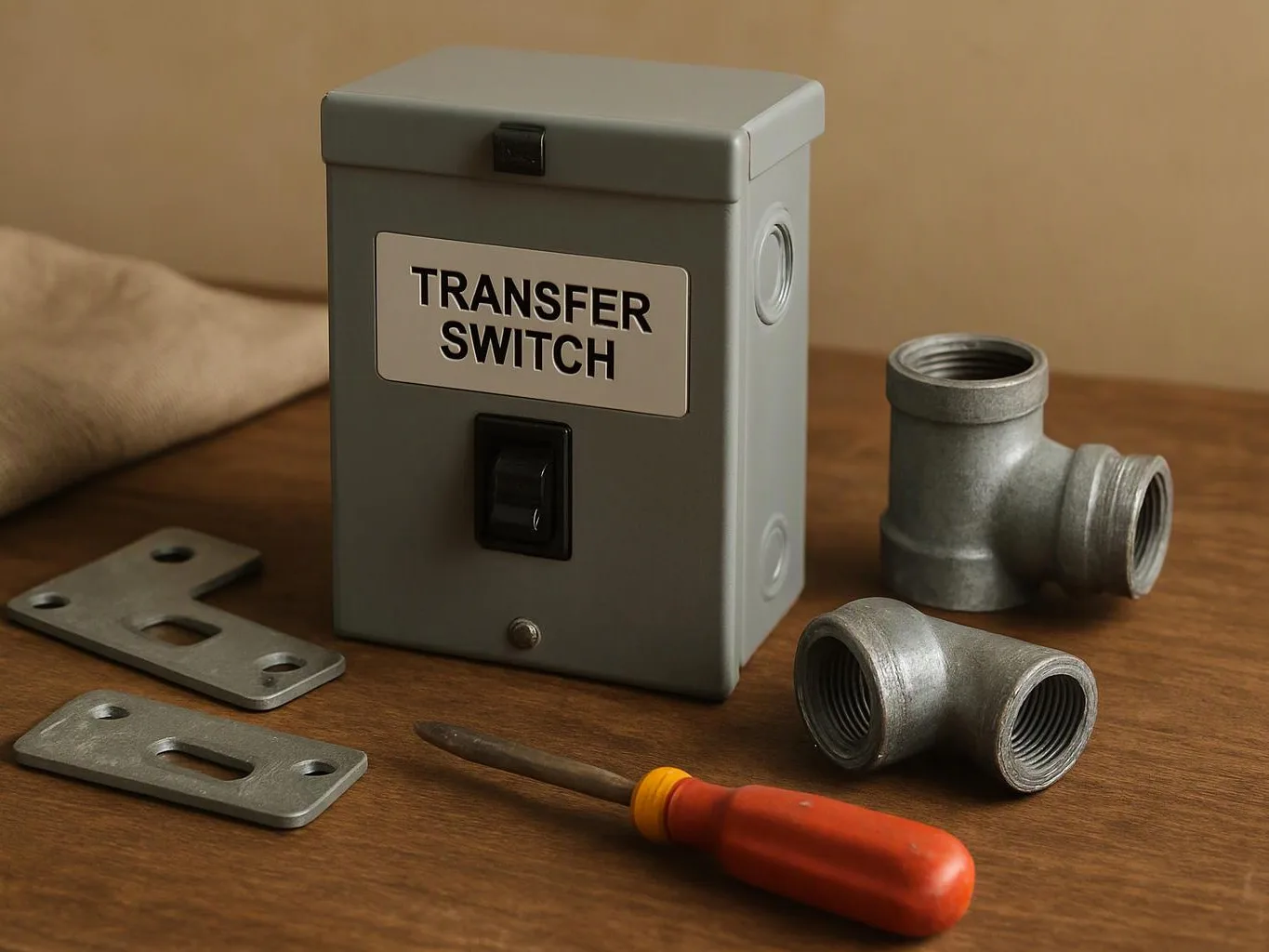 A gray transfer switch box sits on a wooden table with metal fittings, brackets, and a red-handled screwdriver around it