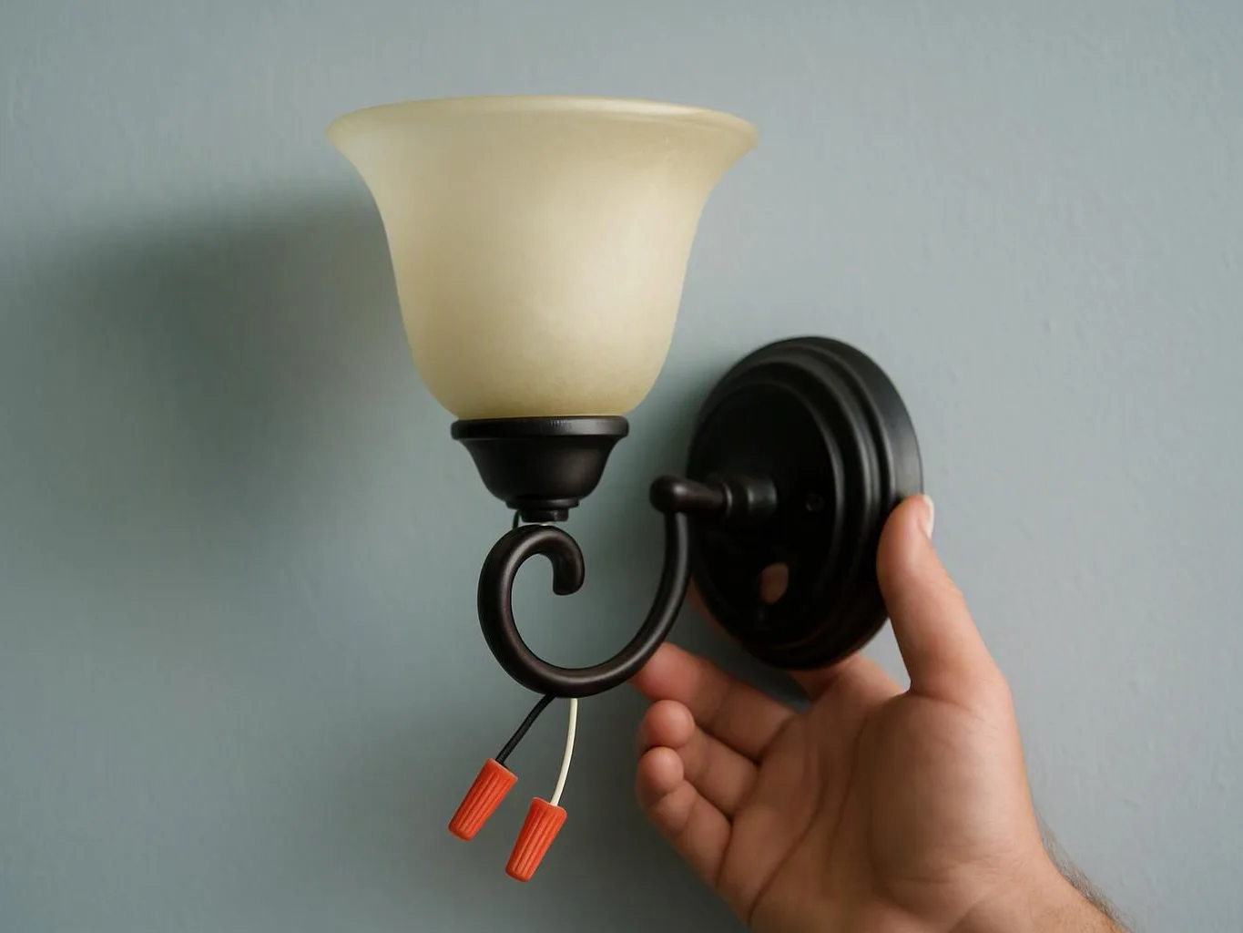A hand holds a black wall sconce with a frosted glass shade and hanging wire connectors against a blue wall