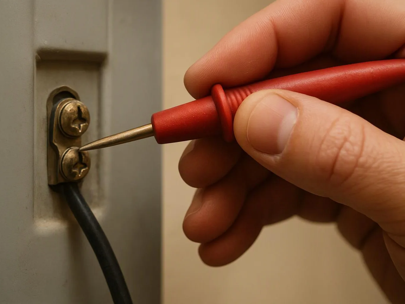 A hand holds a red test probe against a metal screw terminal beside a black wire on a gray panel