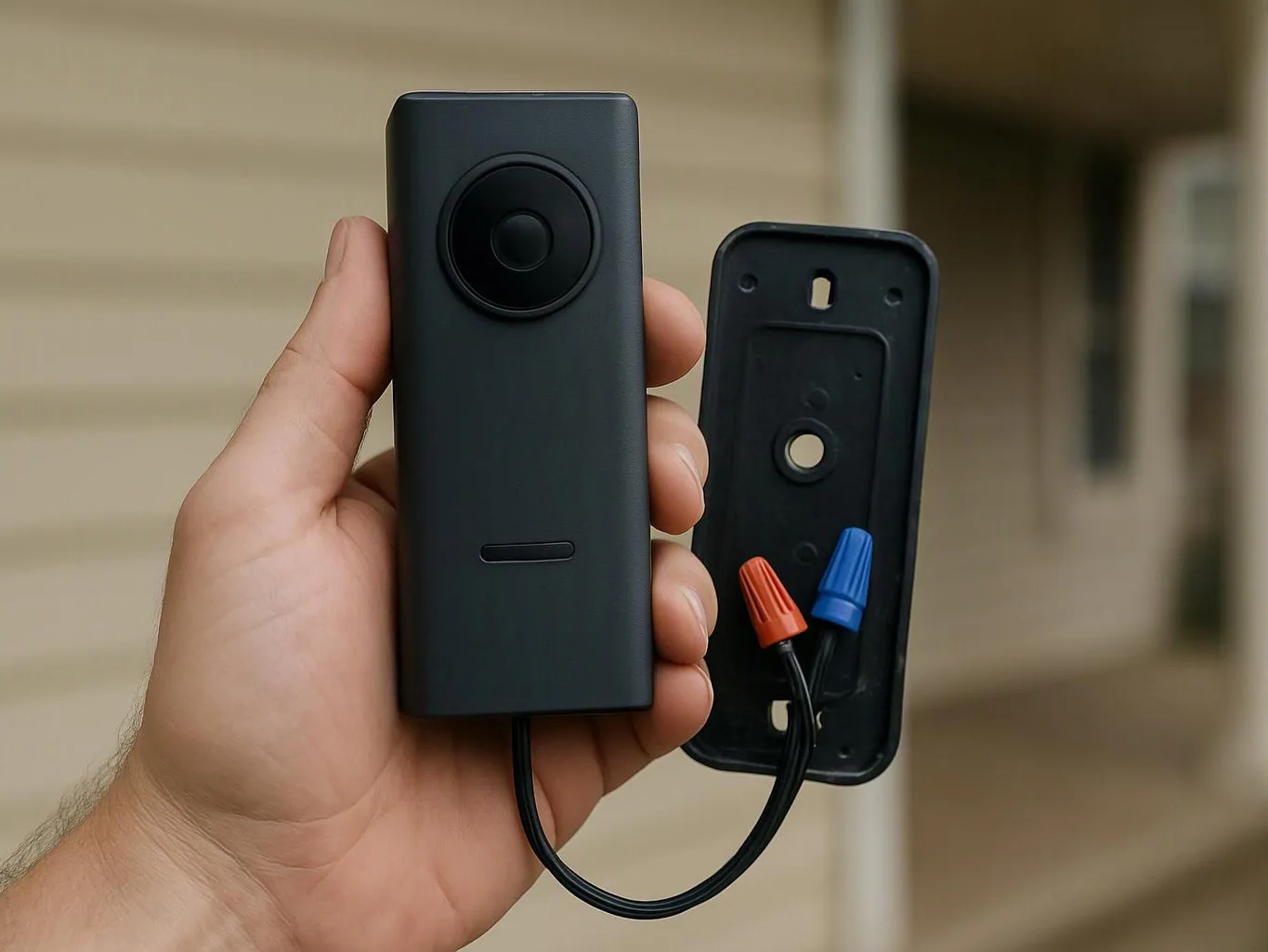 A hand holds a small black wired device beside its open mounting plate with colored wire caps