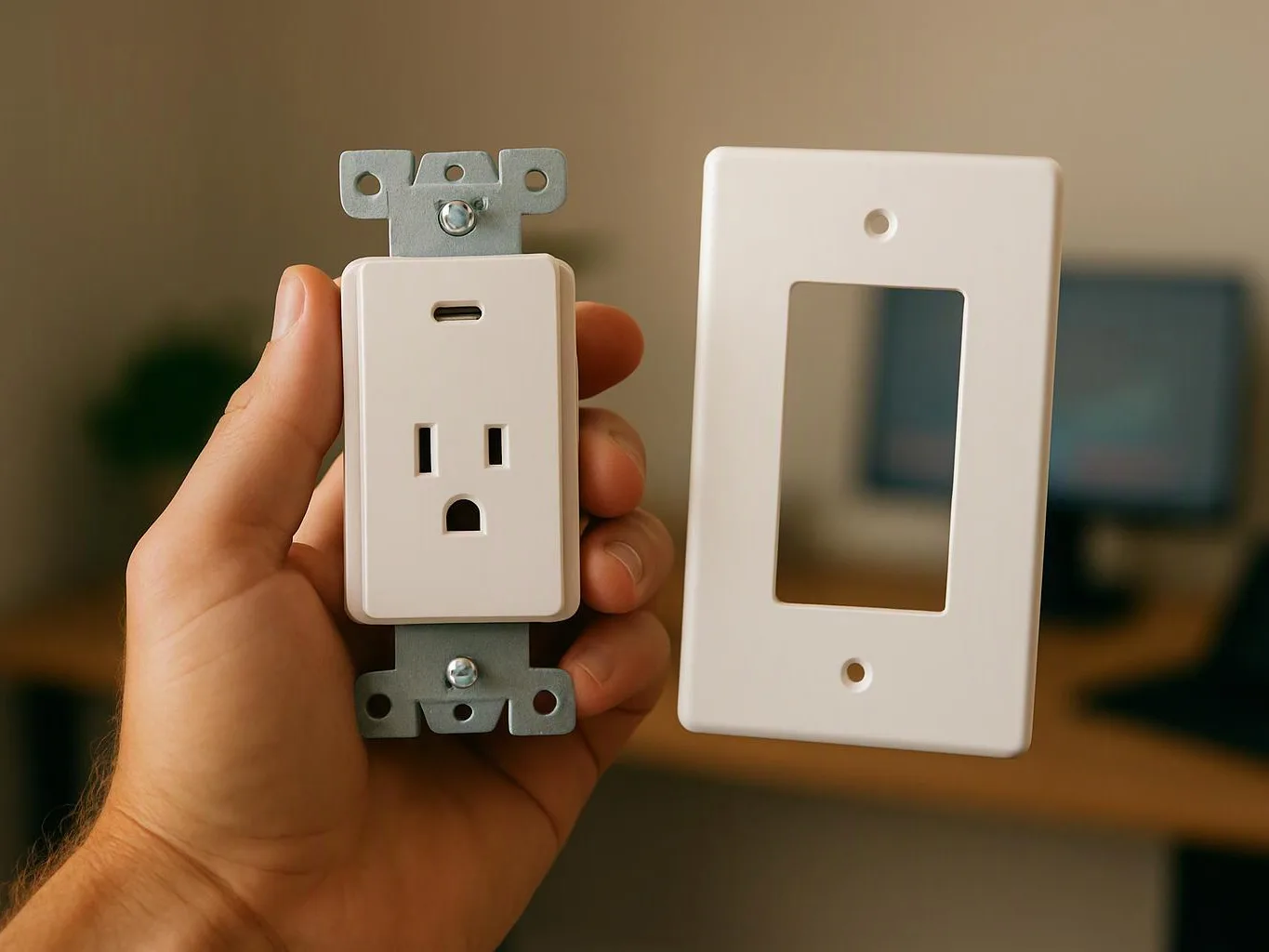 A hand holds a white electrical outlet beside a matching wall plate in a softly blurred room