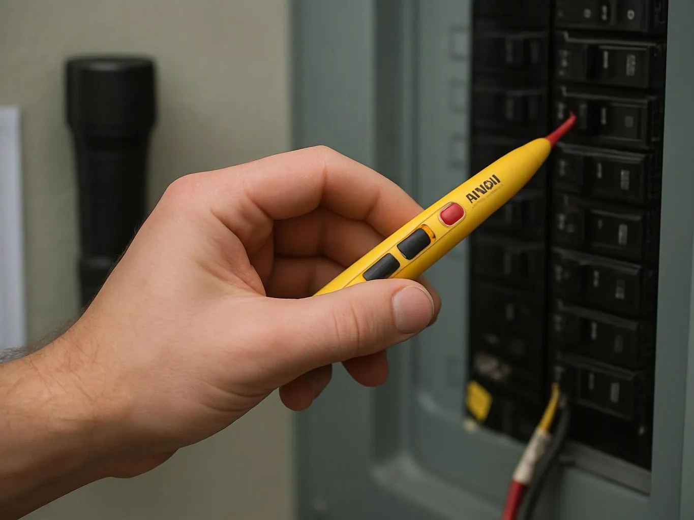 A hand holds a yellow voltage tester near an electrical breaker panel indoors