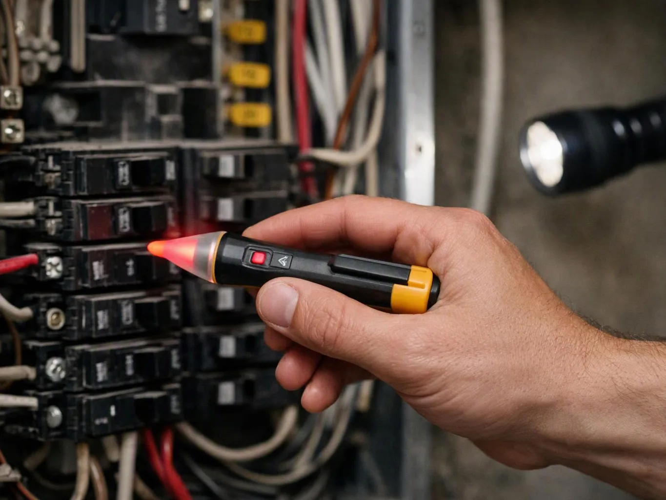 A hand uses a lit voltage tester on circuit breakers inside an electrical panel
