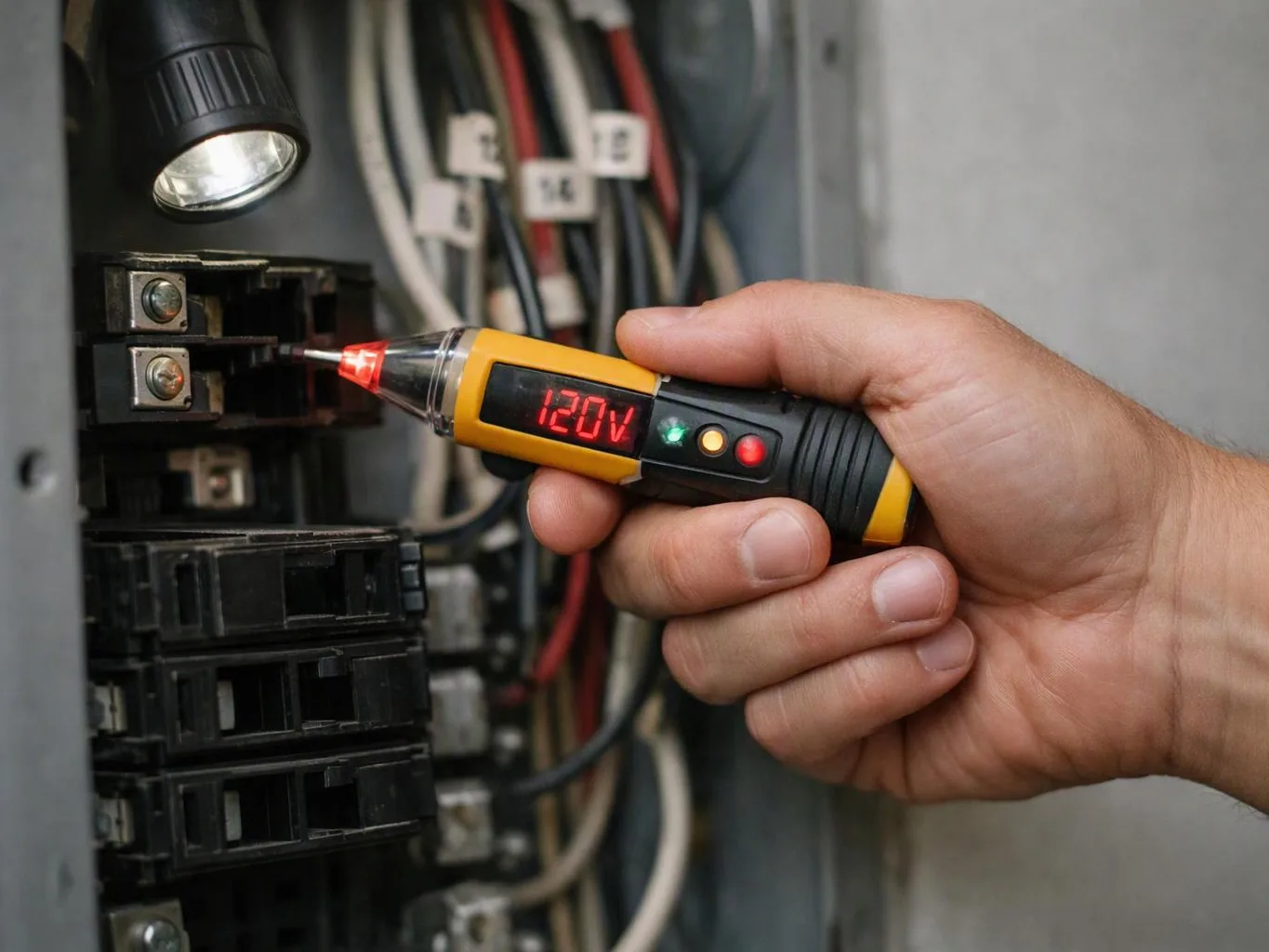 A hand uses a voltage tester on an electrical breaker panel under a flashlight