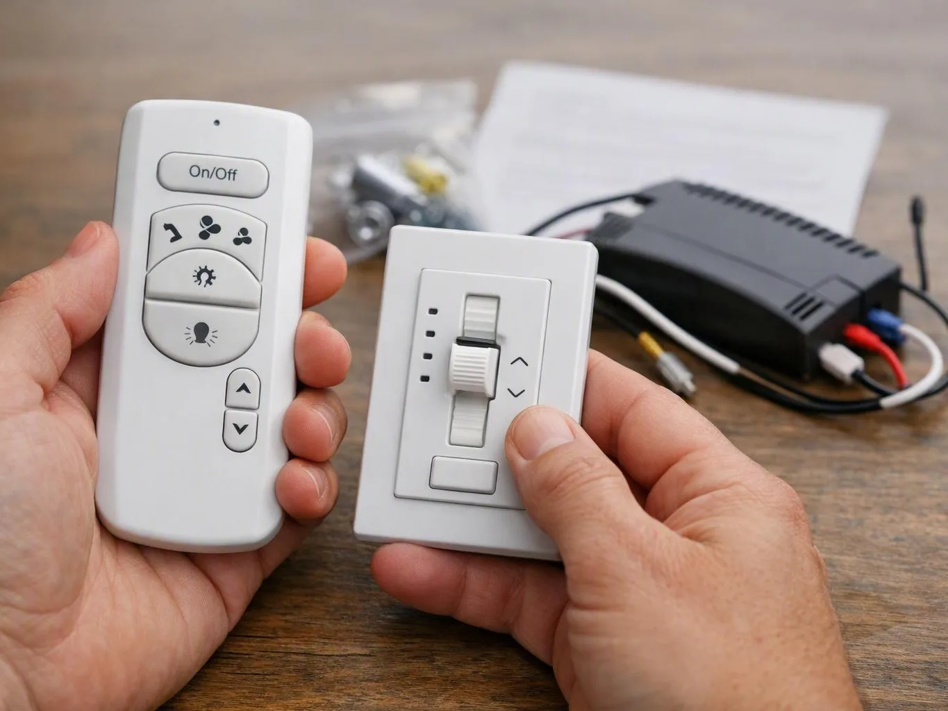 Hands hold a white remote and wall dimmer switch beside a wired control module on a wooden table