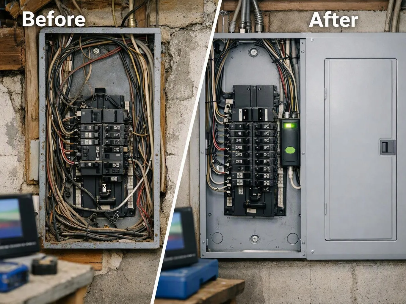 Split view shows a messy old electrical panel before and a neat upgraded panel after