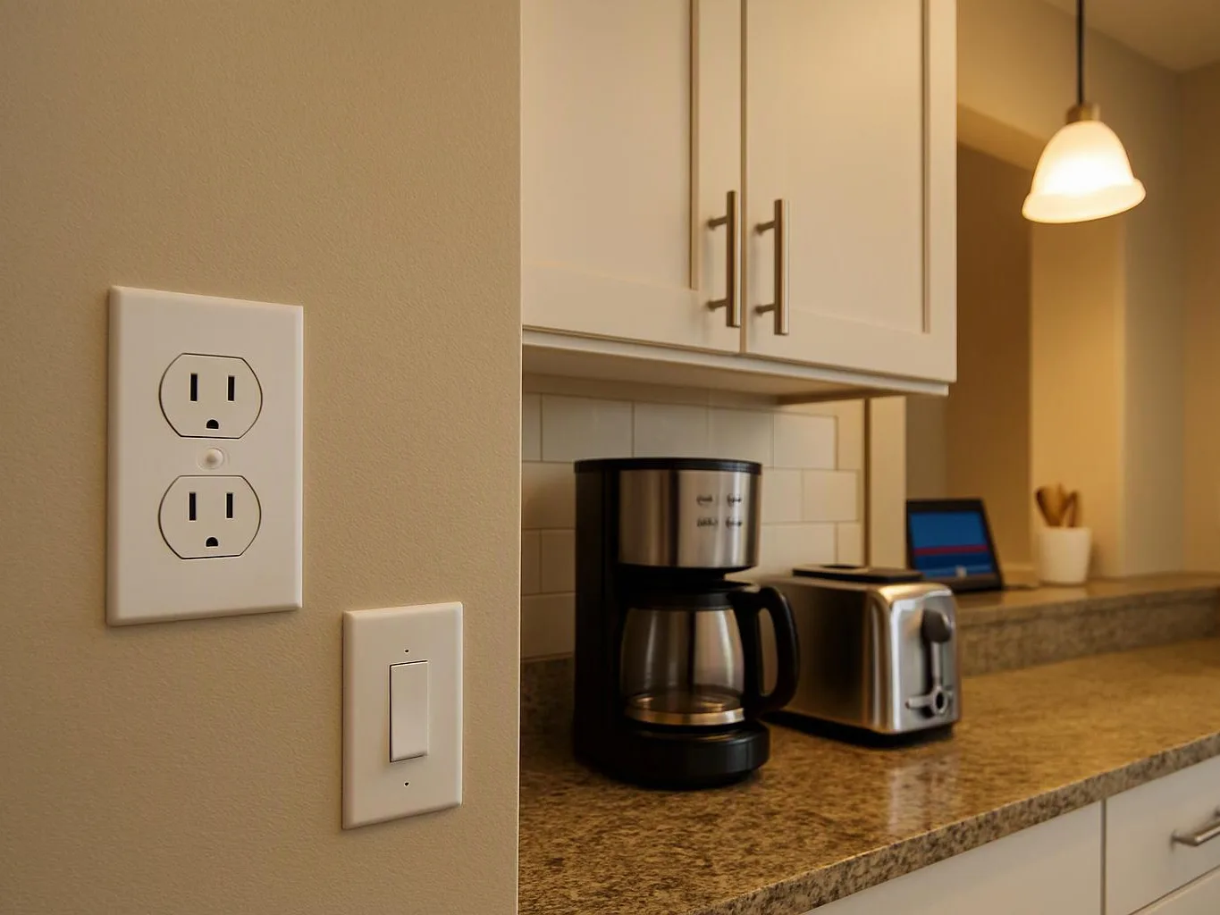 A kitchen counter holds a coffee maker, toaster, and laptop under white cabinets, with outlets on the wall in front