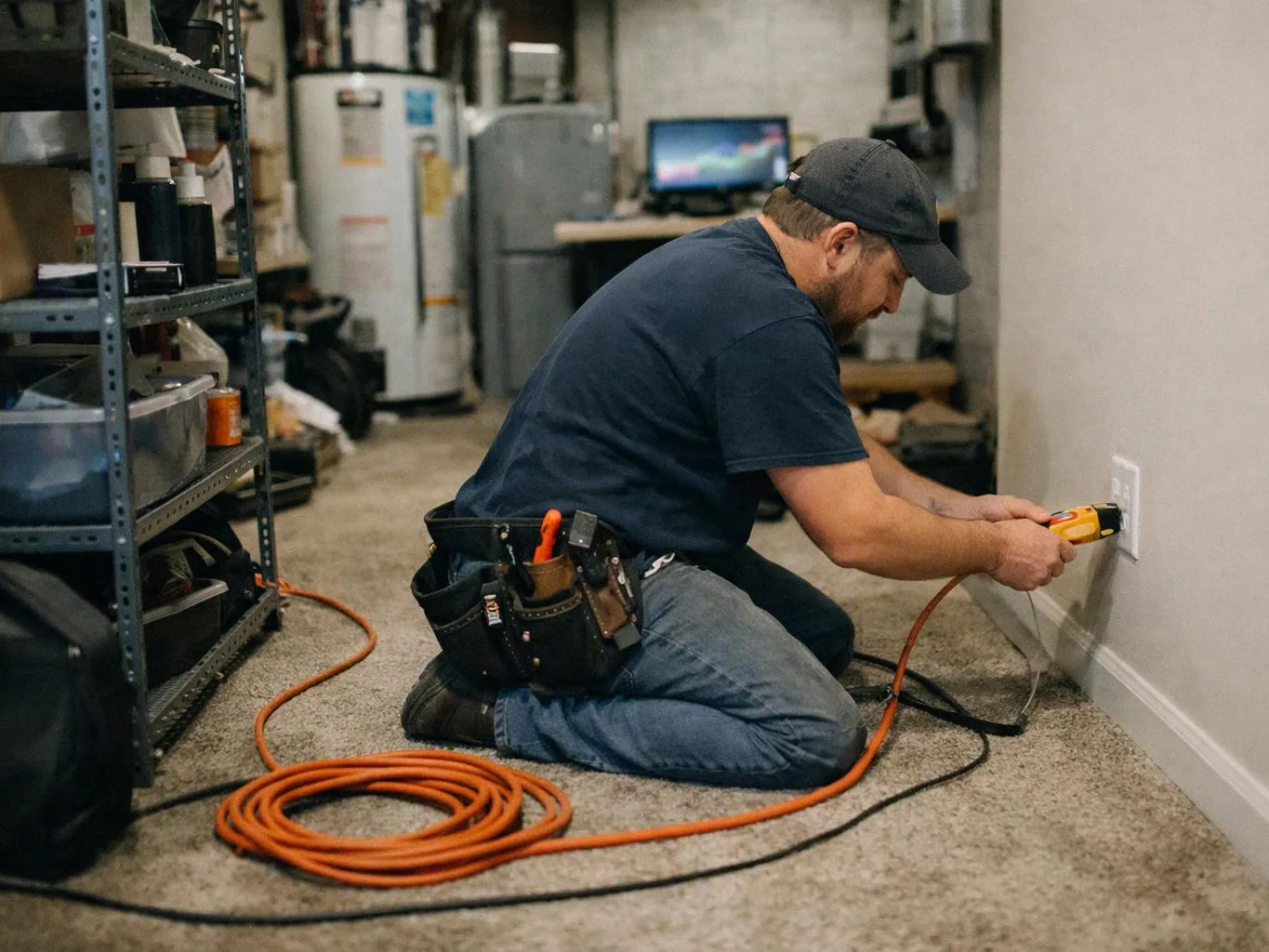 A kneeling electrician tests a wall outlet in a cluttered utility room with tools and cables around him