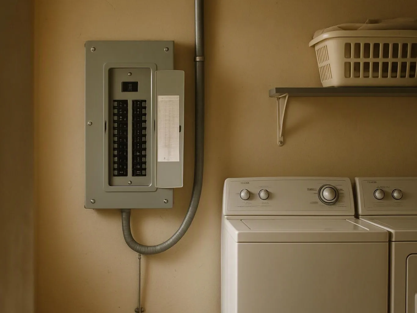 A laundry room shows an electrical breaker panel beside a washer and dryer with a basket on a shelf