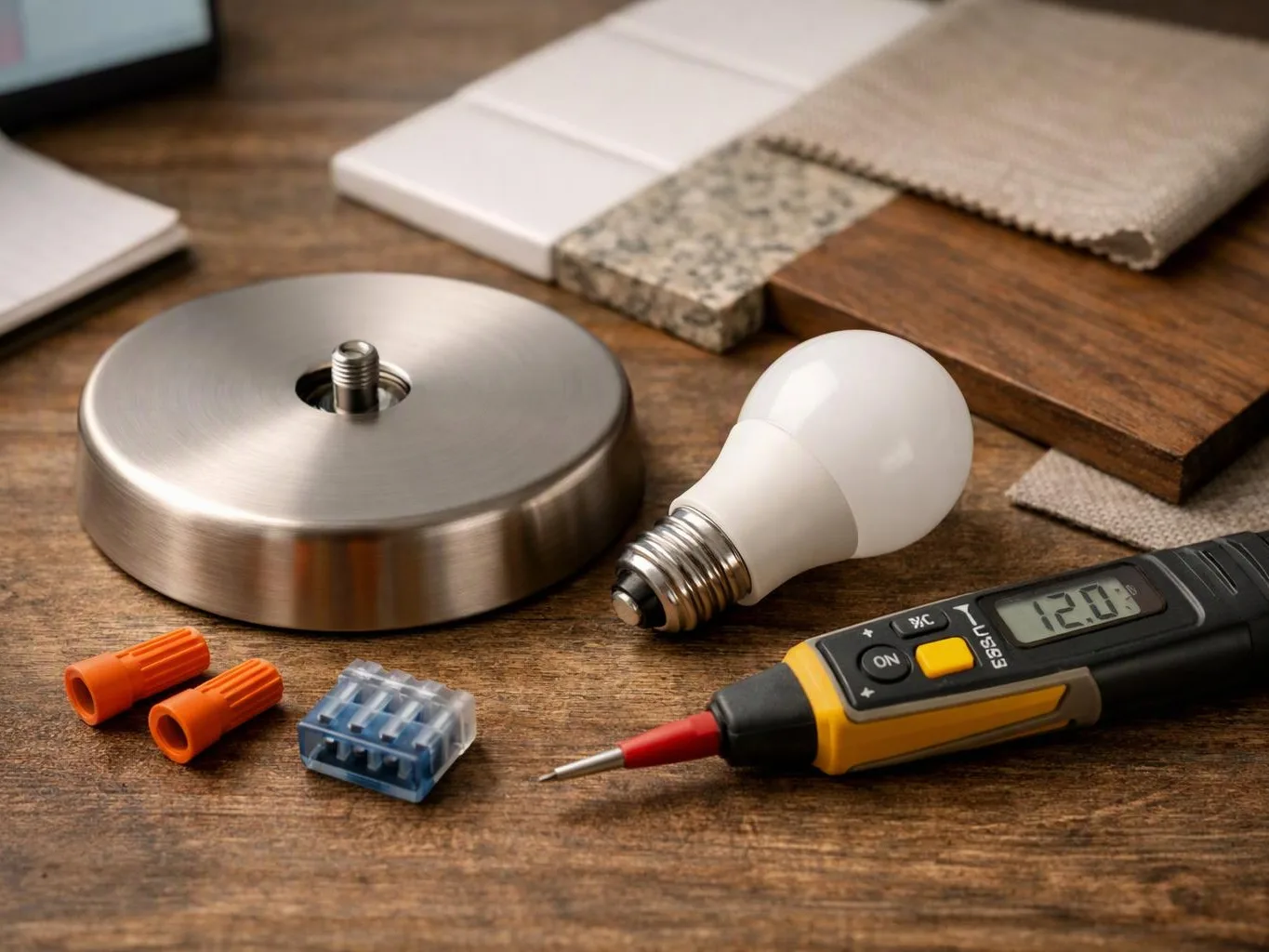 A light bulb, tester, connectors, and sample materials sit on a wooden workbench