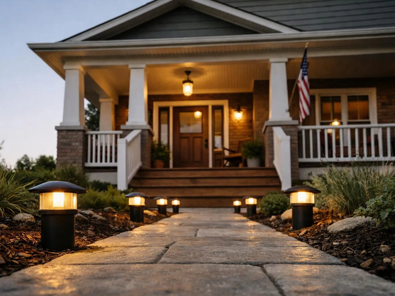 A lit stone path leads to a porch with white columns, a wooden door, and an American flag at dusk