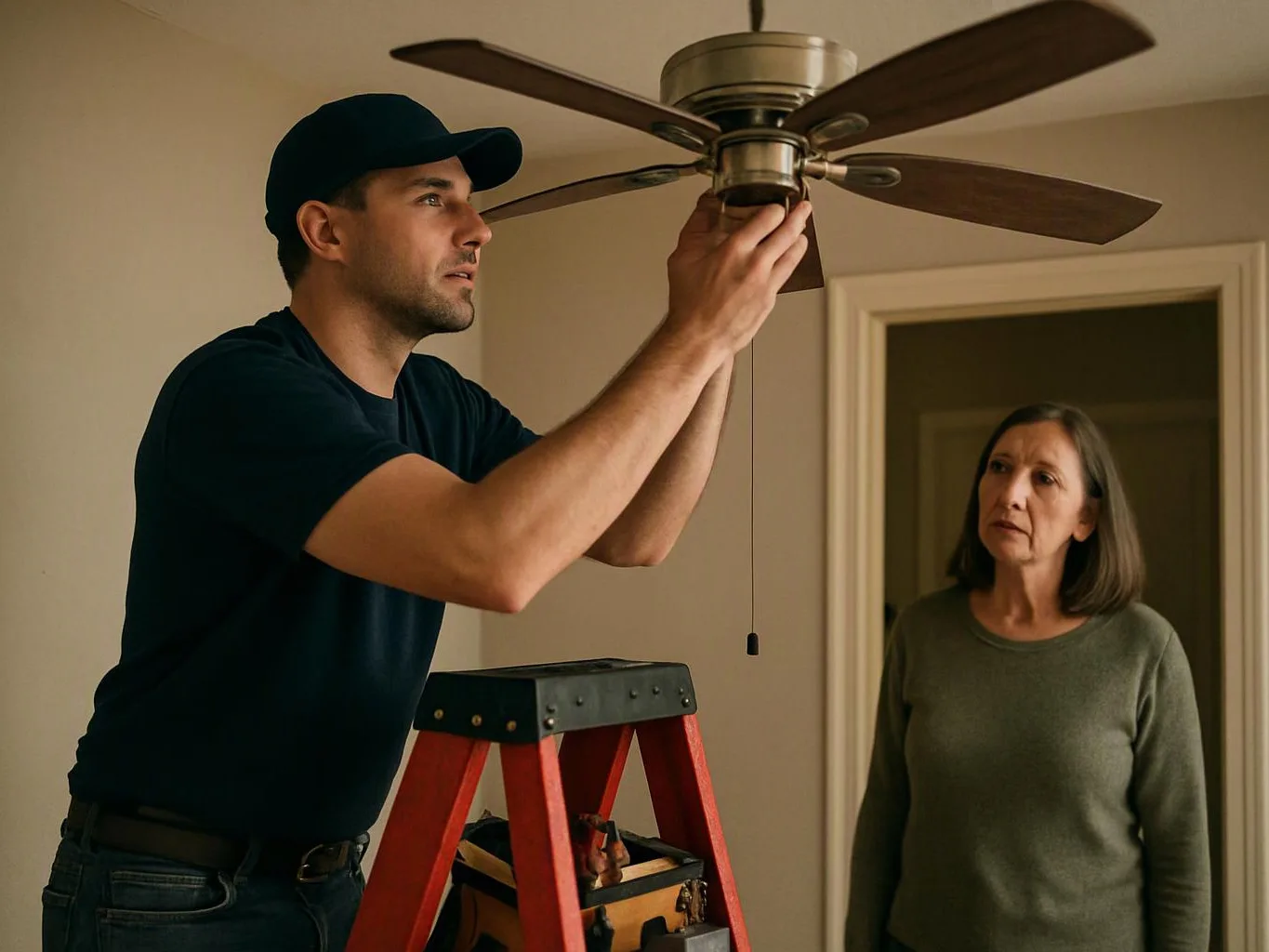 A man adjusts a ceiling fan while standing on a red ladder as a woman watches in a room