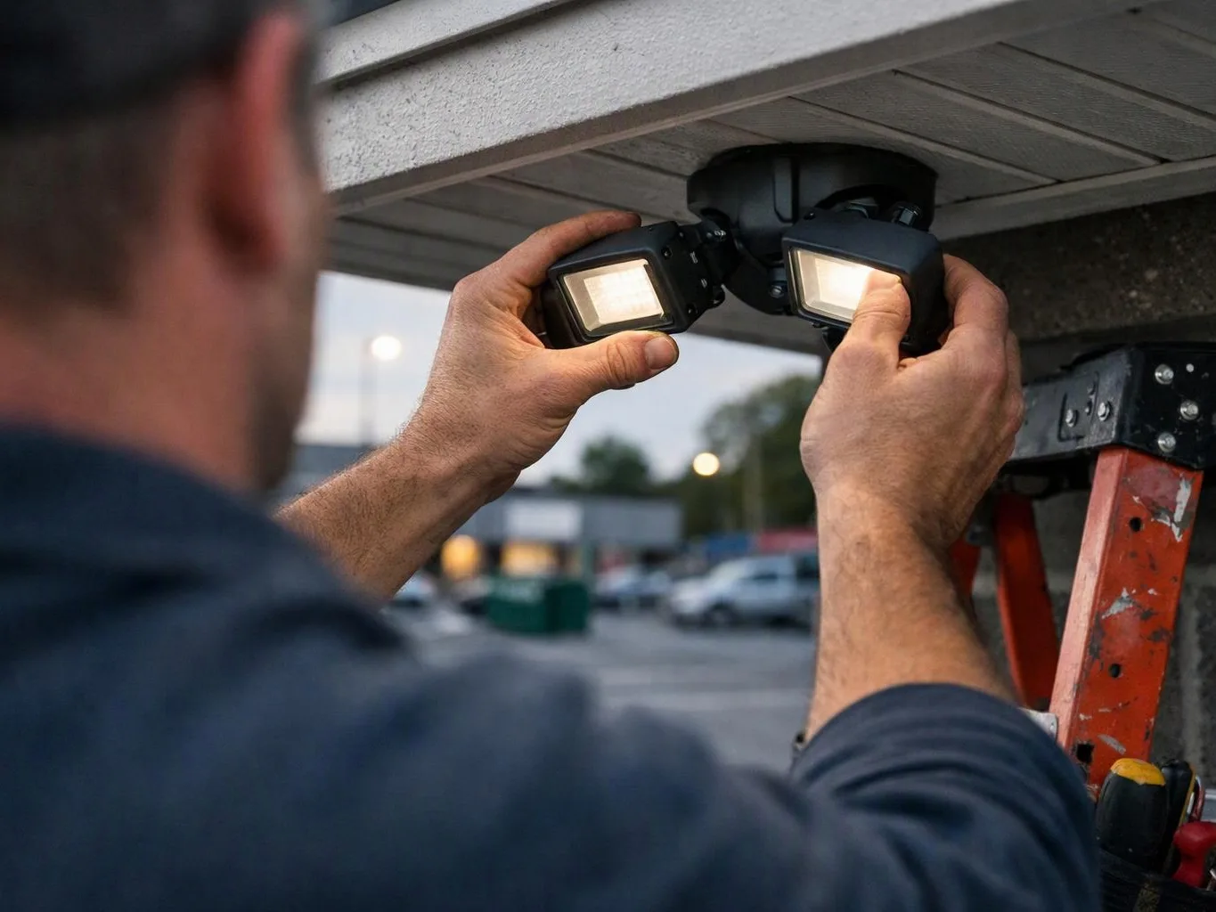 A man adjusts two outdoor floodlights under a roof while standing on a ladder