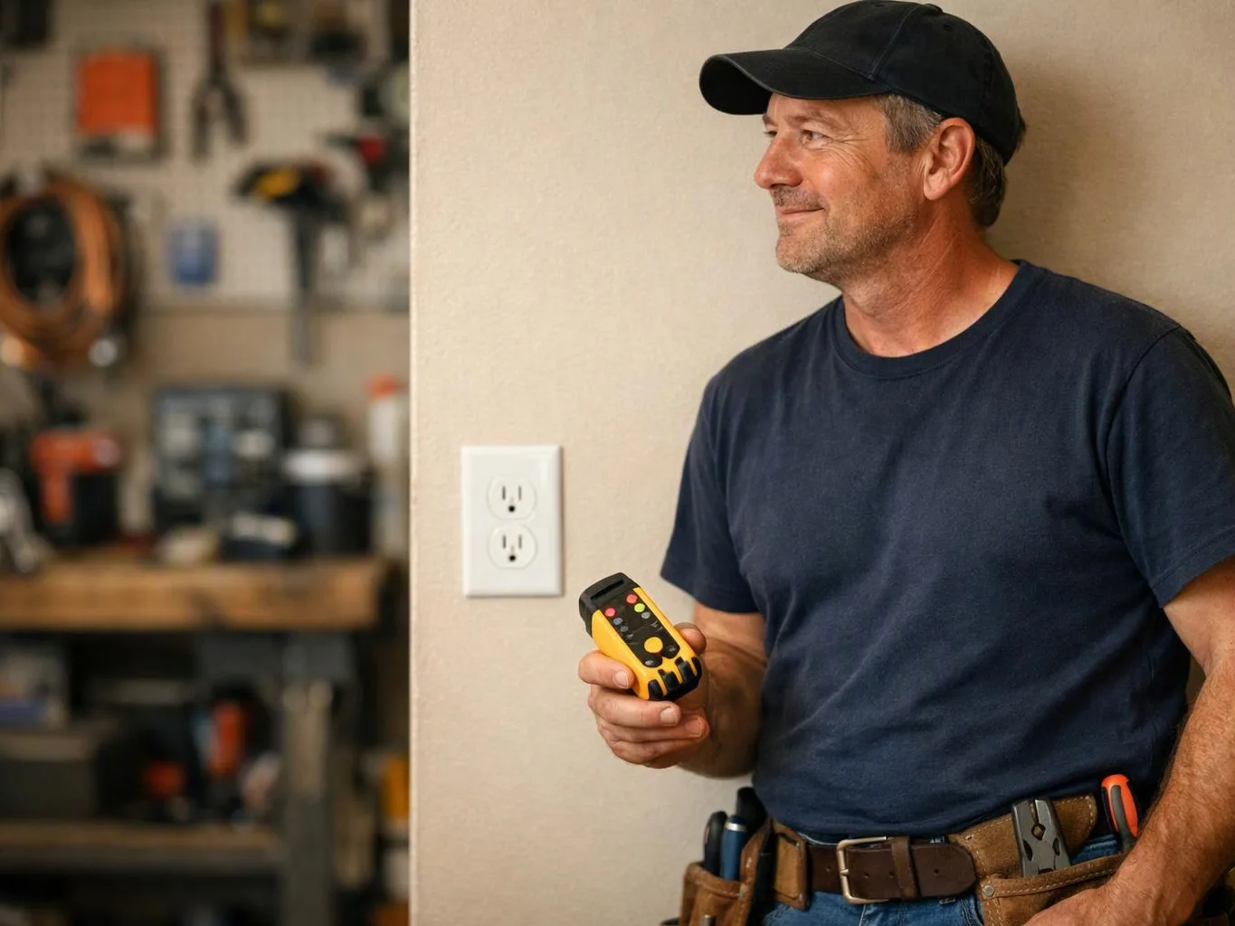 A man in a black cap stands by a wall, holding a yellow handheld device in a workshop-like room