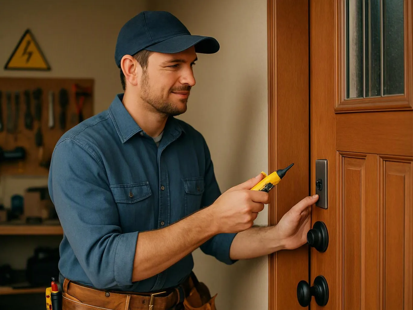 A man in a blue cap checks a wooden front door with a handheld tester indoors