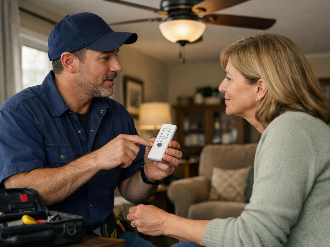A man in a blue work uniform shows a woman a remote control in a cozy living room