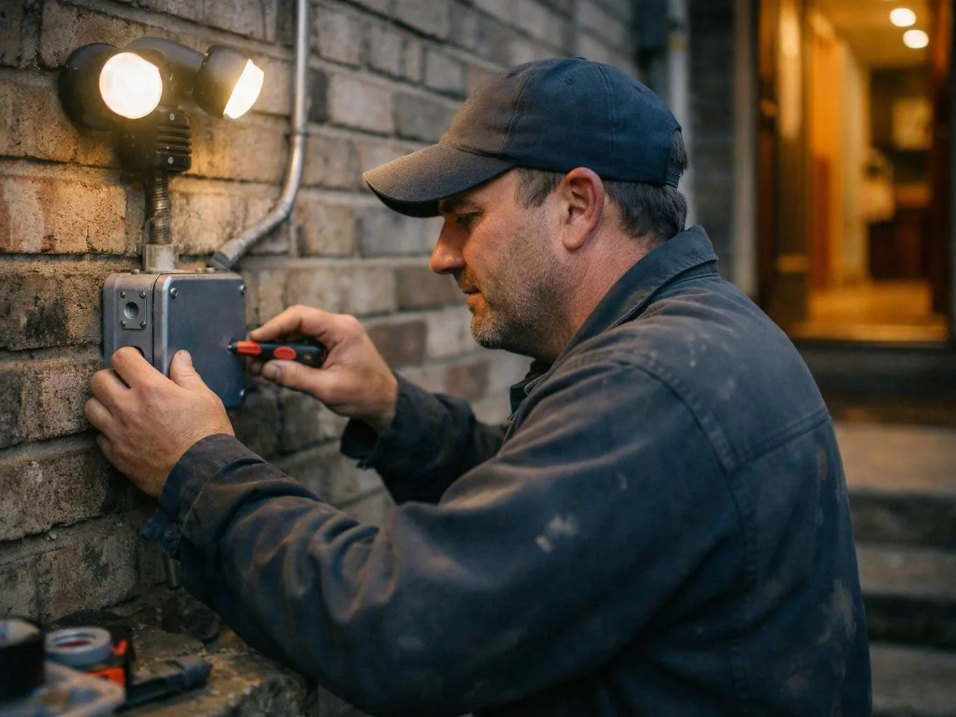 A man in a cap fixes a wall-mounted electrical box on a brick wall at dusk