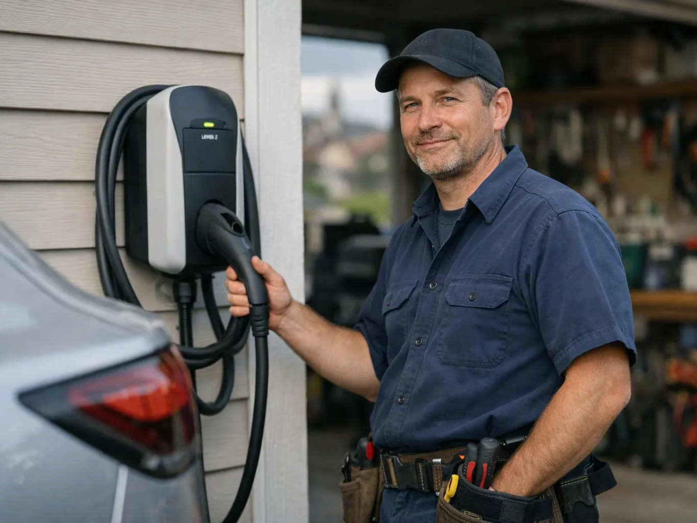 A man in a cap holds an EV charging plug beside a parked car in a garage