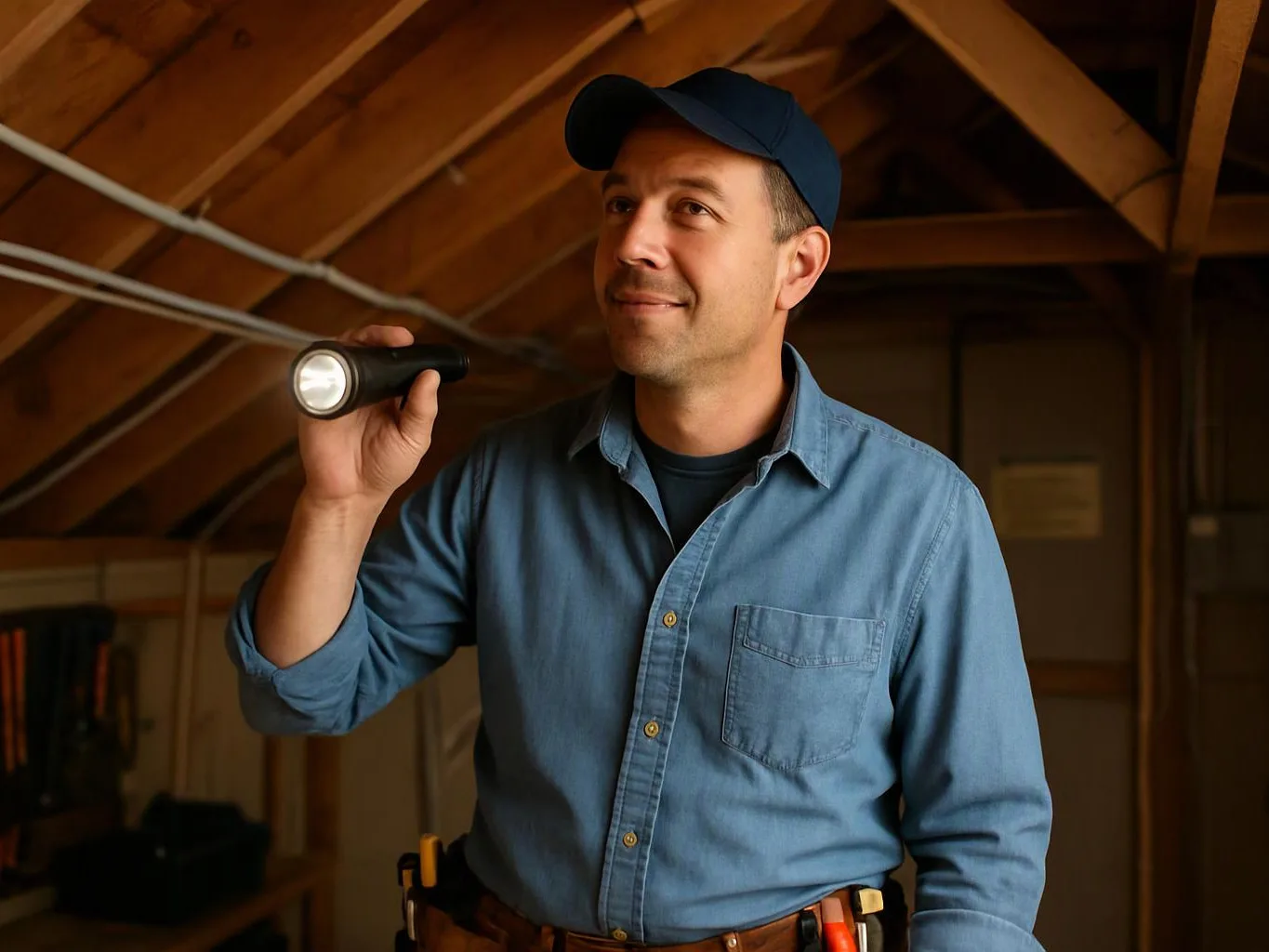 A man in a cap holds a flashlight inside a wooden attic space