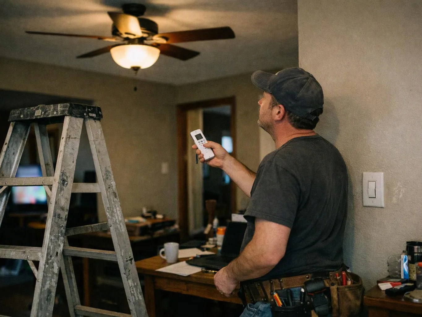 A man in a cap holds a remote while standing beside a ladder in a dim room with a ceiling fan