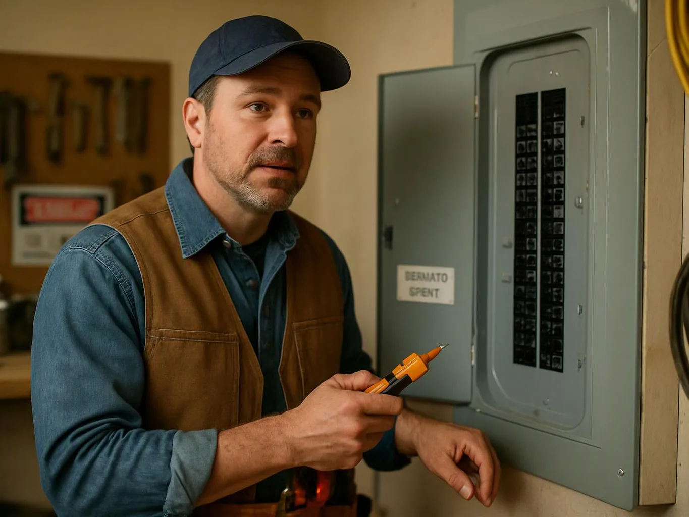 A man in a cap inspects an open electrical panel while holding a voltage tester in a workshop
