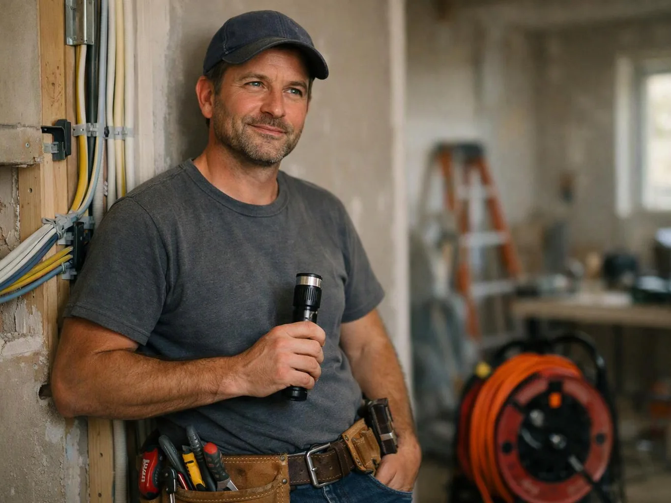A man in a cap leans against a wall, holding a flashlight in a worksite room with ladders and tools