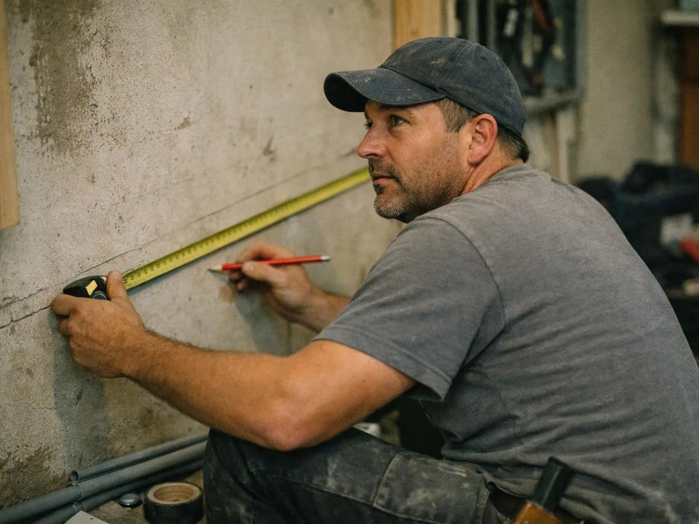 A man in a cap measures a wall and marks it with a pencil in a workshop
