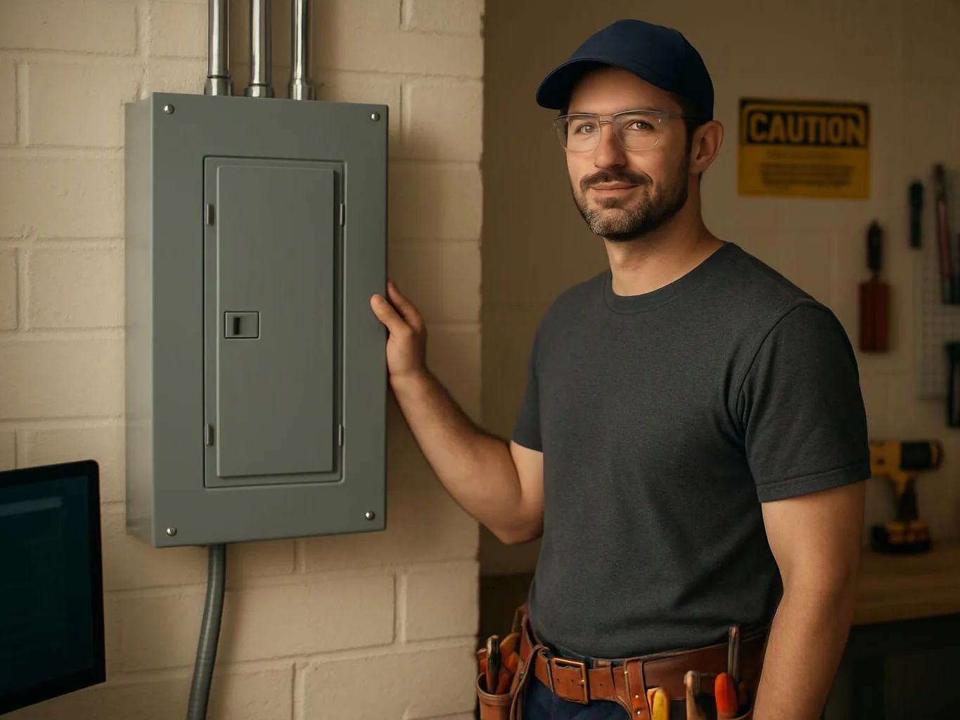 A man in a cap stands beside a gray electrical panel in a workshop, touching it and facing the camera