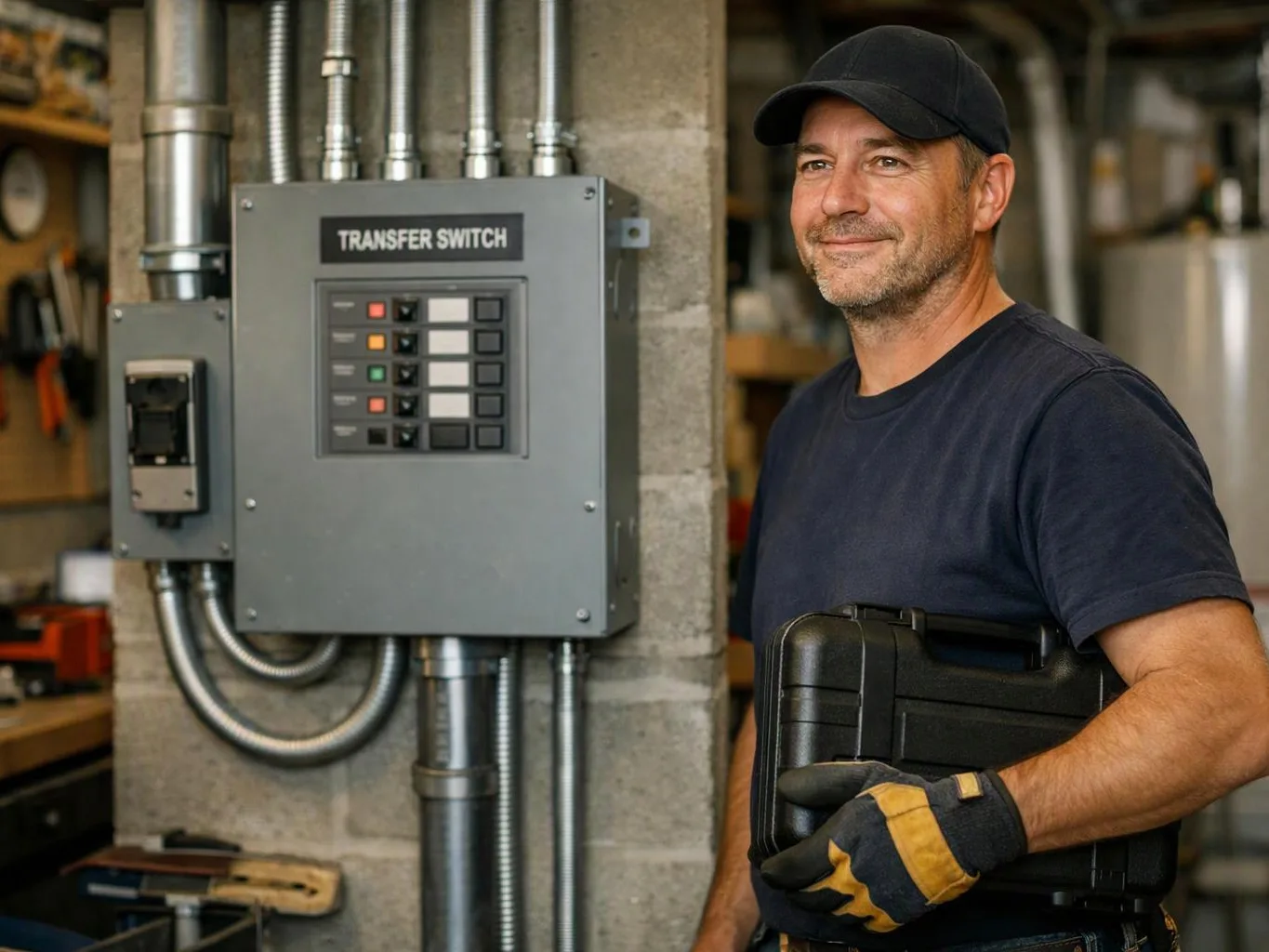 A man in a cap stands beside a transfer switch panel in a workshop, holding a black case